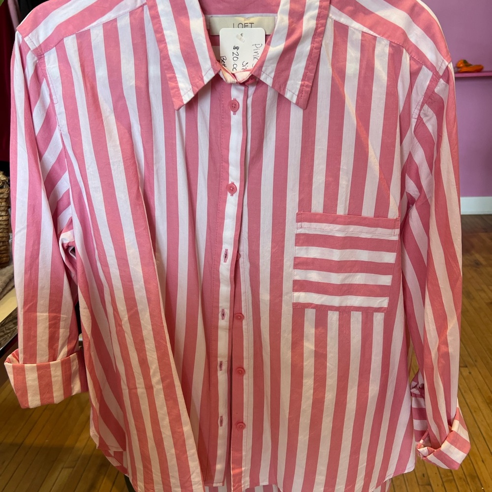 LOFT Pink and White Striped Shirt